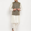 Men's Cream Silk Blend Straight Jacket  Kurta and Pyjama Set