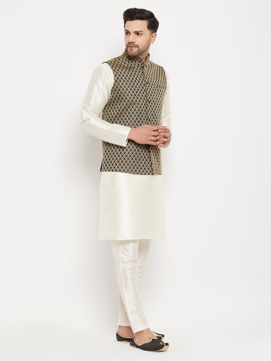 Men's Cream Silk Blend Straight Jacket  Kurta and Pyjama Set