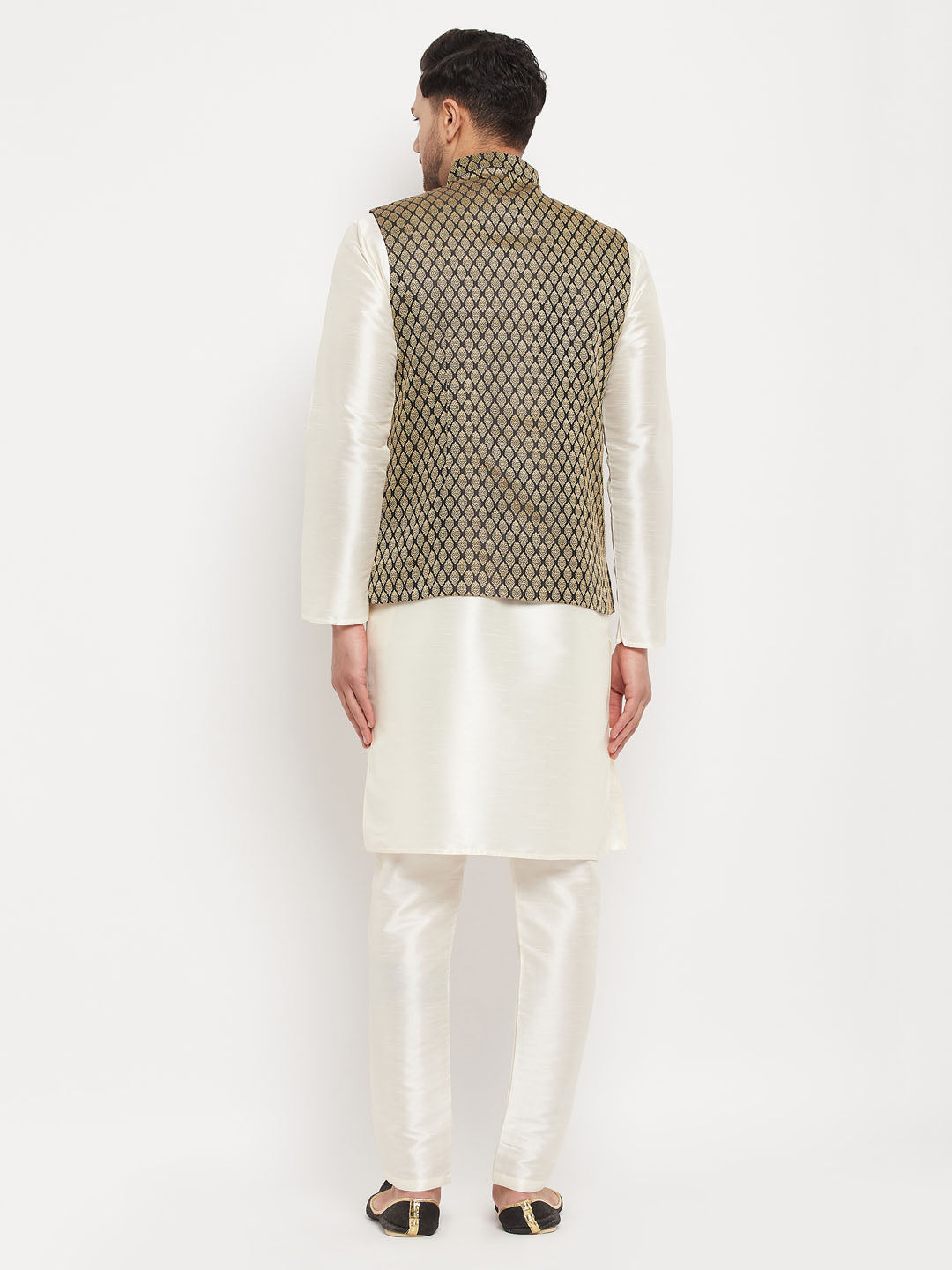 Men's Cream Silk Blend Straight Jacket  Kurta and Pyjama Set