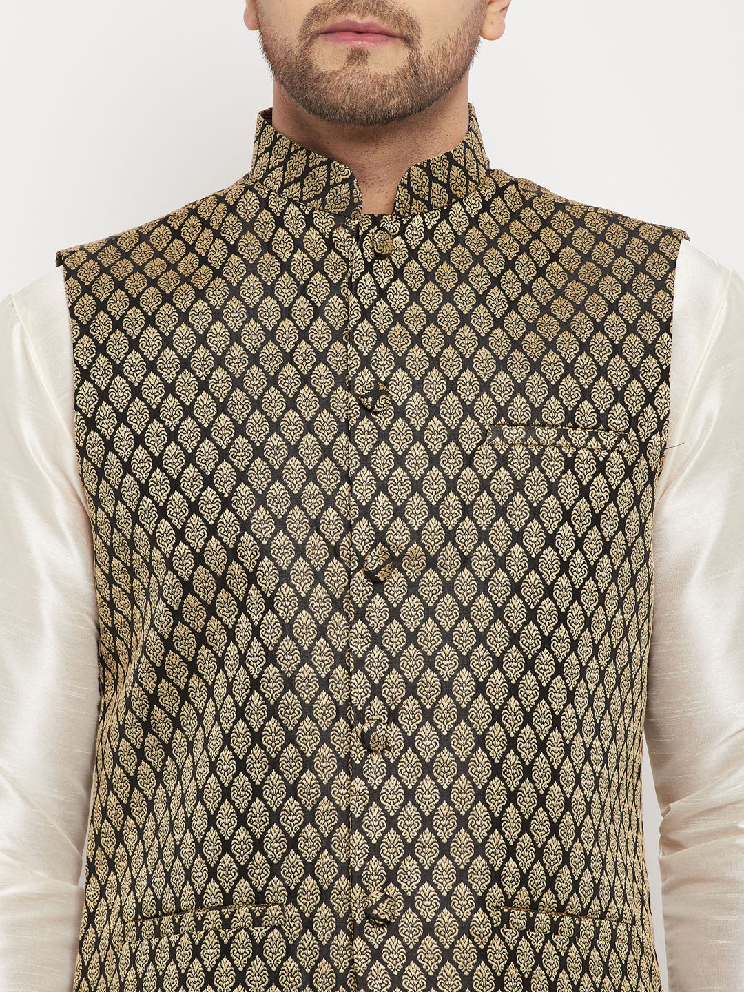 Men's Cream Silk Blend Straight Jacket  Kurta and Pyjama Set