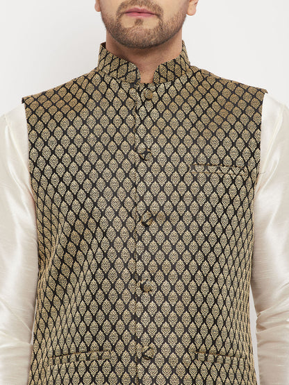 Men's Cream Silk Blend Straight Jacket  Kurta and Pyjama Set