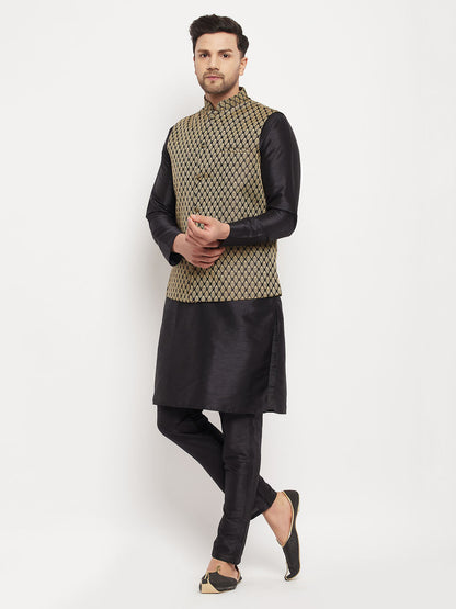 Men's Black Silk Blend Straight Jacket  Kurta and Pyjama Set