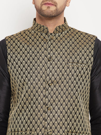 Men's Black Silk Blend Straight Jacket  Kurta and Pyjama Set