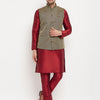 Men's Maroon Silk Blend Straight Jacket  Kurta and Pyjama Set