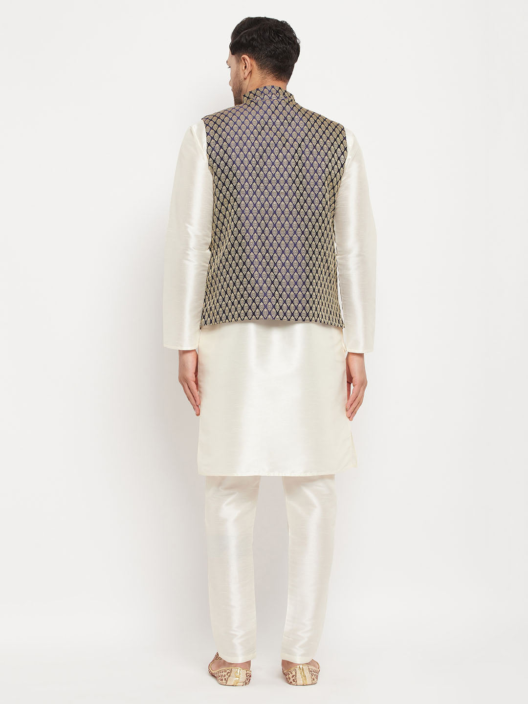 Men's Cream Silk Blend Straight Jacket  Kurta and Pyjama Set