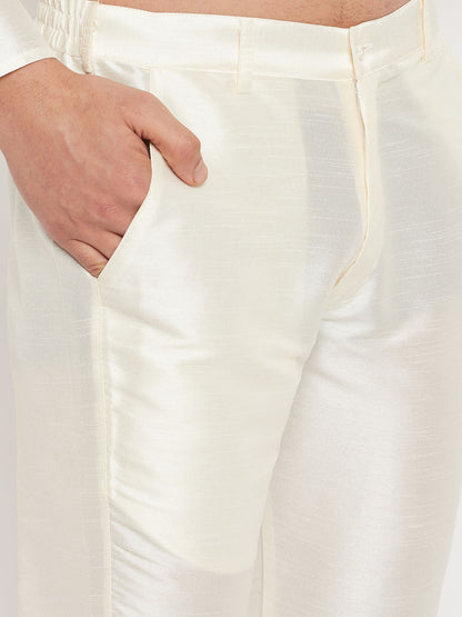 Men's Cream Silk Blend Straight Jacket  Kurta and Pyjama Set