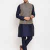 Men's Navy Blue Silk Blend Straight Jacket  Kurta and Pyjama Set