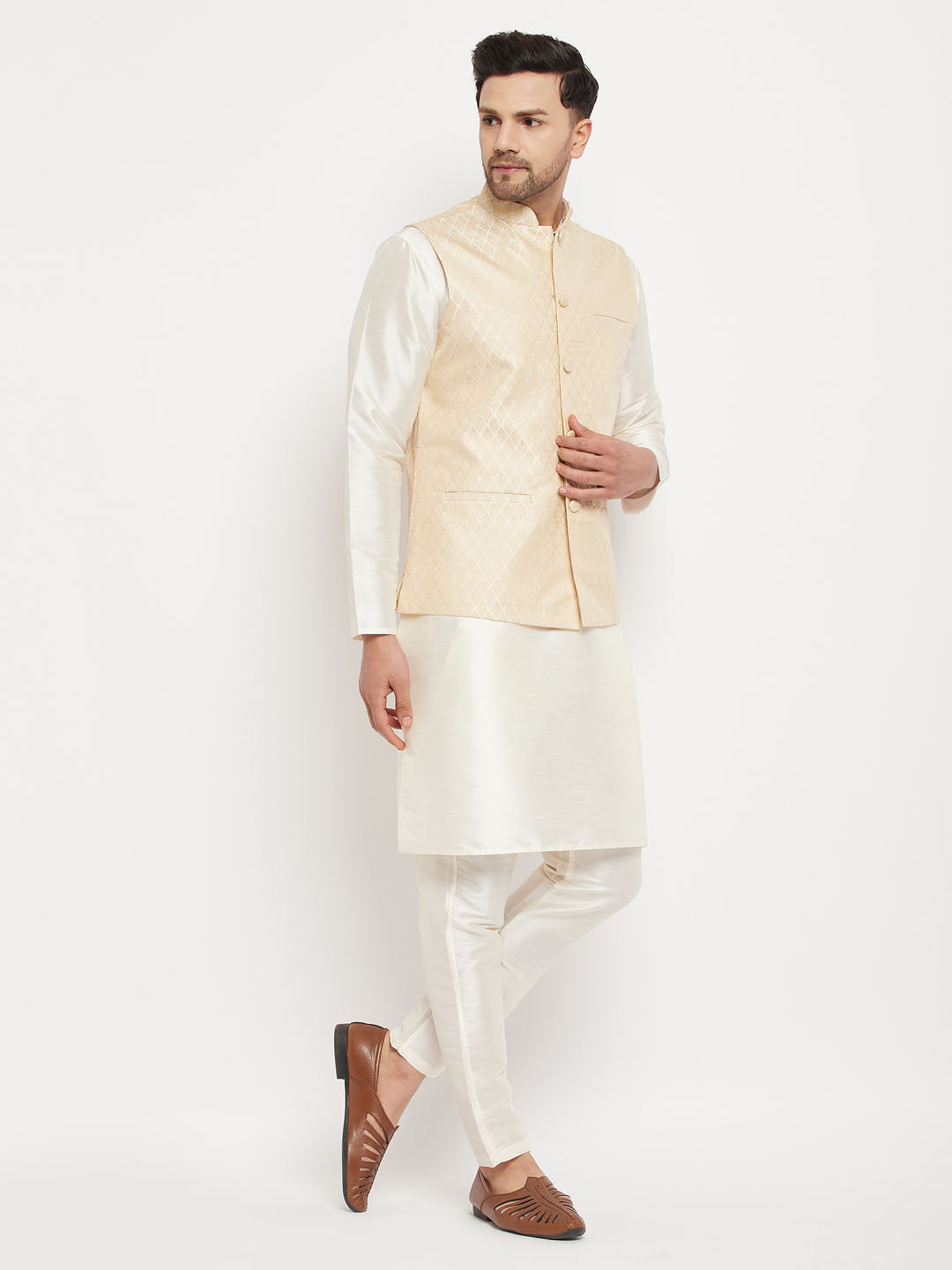 Men's Cream Silk Blend Straight Jacket  Kurta and Pyjama Set