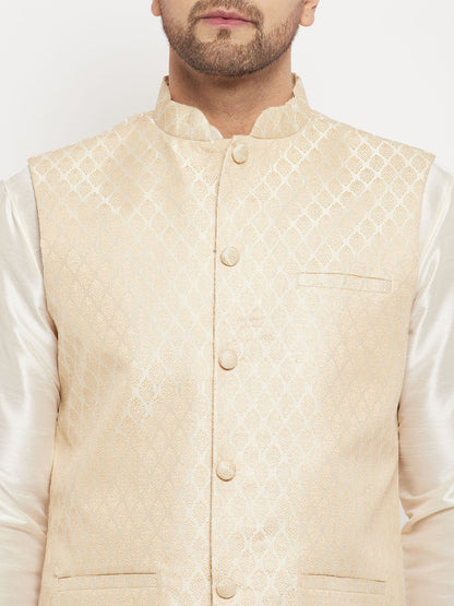 Men's Cream Silk Blend Straight Jacket  Kurta and Pyjama Set