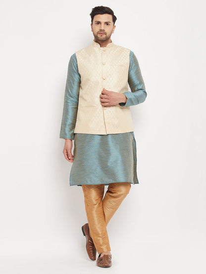 Men's Aqua Silk Blend Straight Jacket  Kurta and Pyjama Set