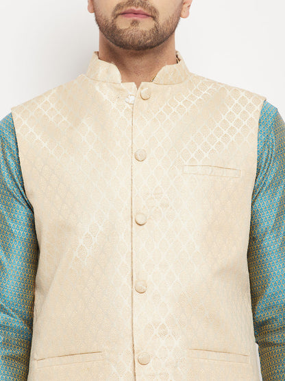 Men's Aqua Silk Blend Straight Jacket  Kurta and Pyjama Set