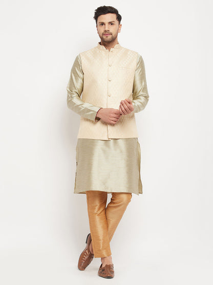 Men's Beige Silk Blend Straight Jacket  Kurta and Pyjama Set