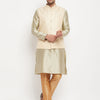 Men's Beige Silk Blend Straight Jacket  Kurta and Pyjama Set