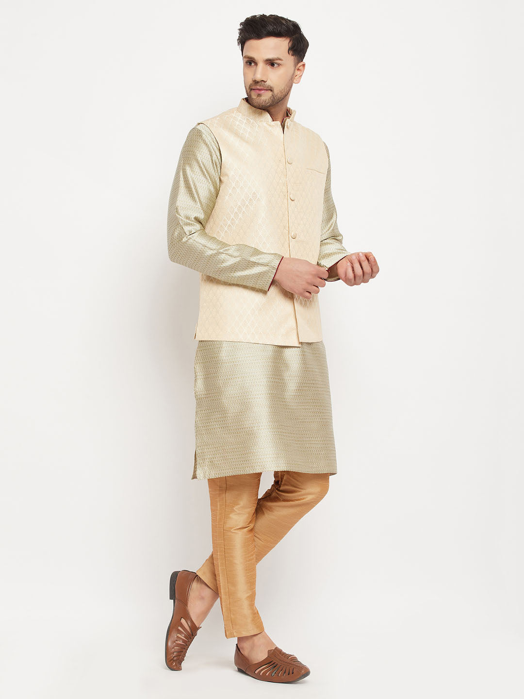 Men's Beige Silk Blend Straight Jacket  Kurta and Pyjama Set