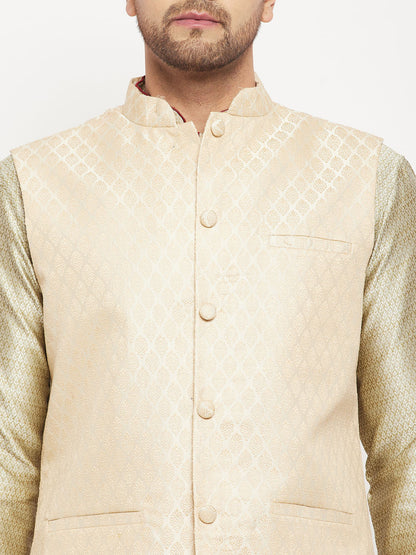Men's Beige Silk Blend Straight Jacket  Kurta and Pyjama Set