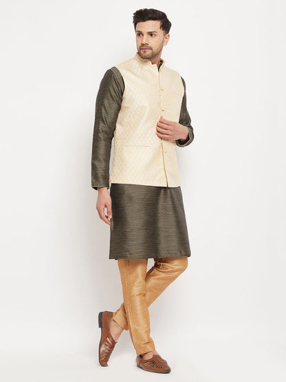Men's Black Silk Blend Straight Jacket  Kurta and Pyjama Set