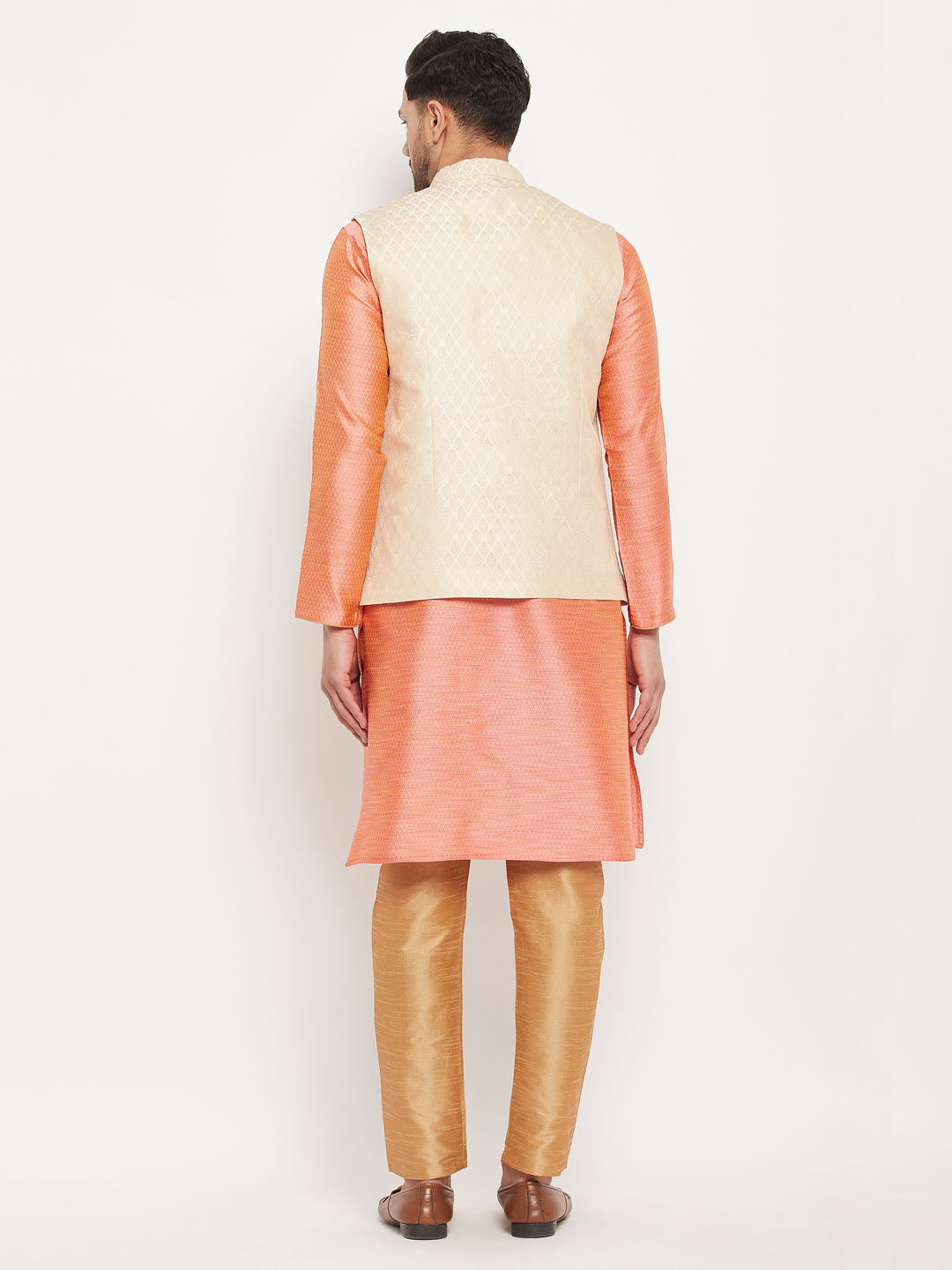 Men's Pink Silk Blend Straight Jacket  Kurta and Pyjama Set