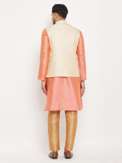 Men's Pink Silk Blend Straight Jacket  Kurta and Pyjama Set