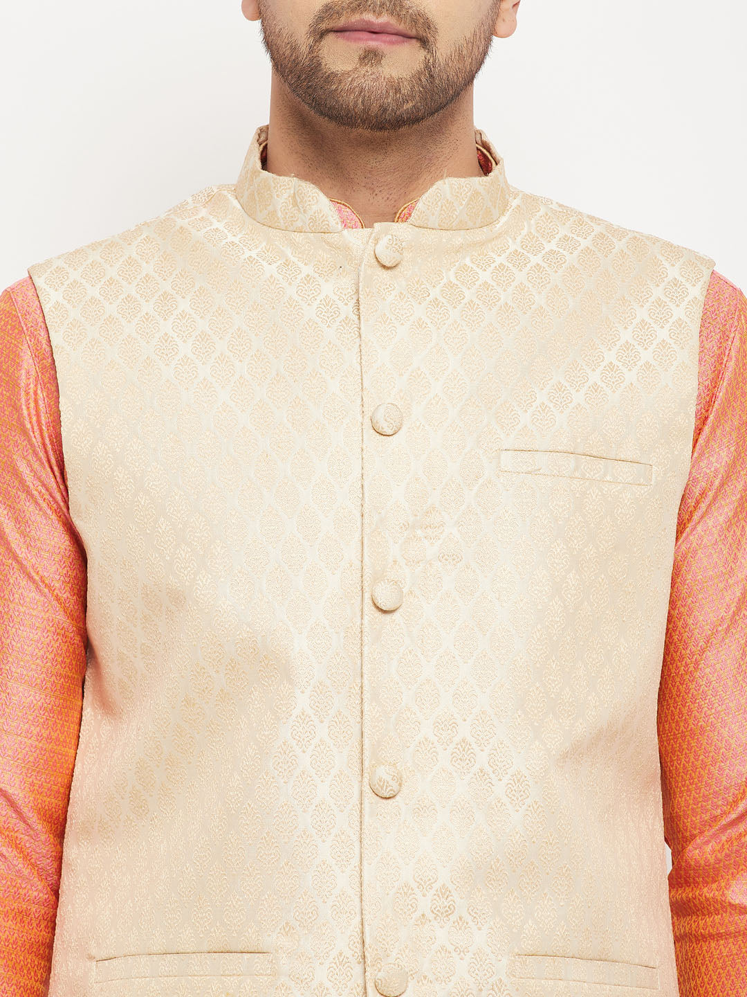 Men's Pink Silk Blend Straight Jacket  Kurta and Pyjama Set