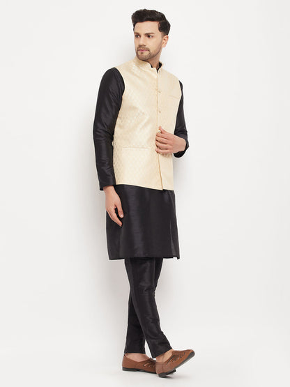 Men's Black Silk Blend Straight Jacket  Kurta and Pyjama Set