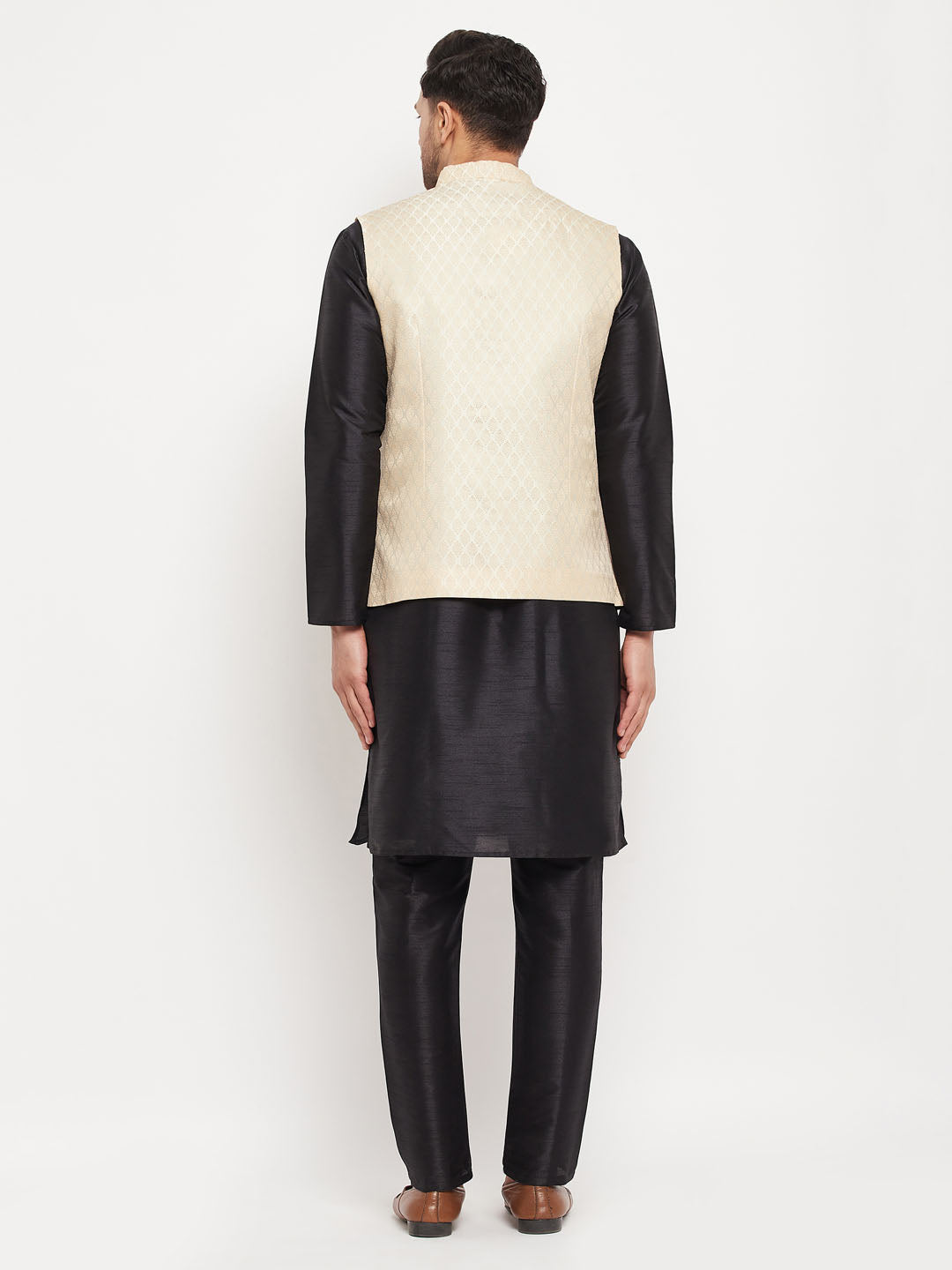 Men's Black Silk Blend Straight Jacket  Kurta and Pyjama Set