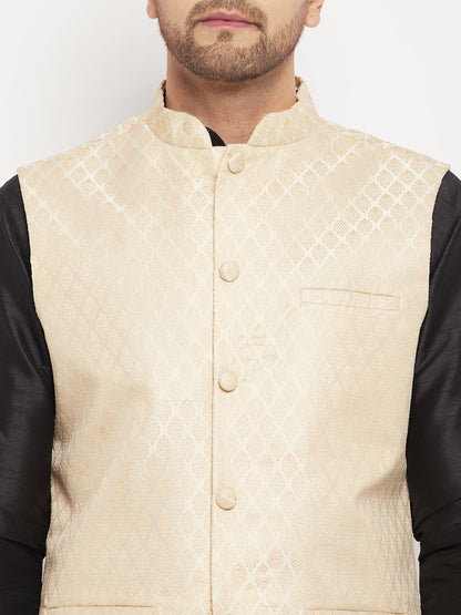 Men's Black Silk Blend Straight Jacket  Kurta and Pyjama Set