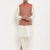 Men's Cream Silk Blend Straight Jacket  Kurta and Pyjama Set