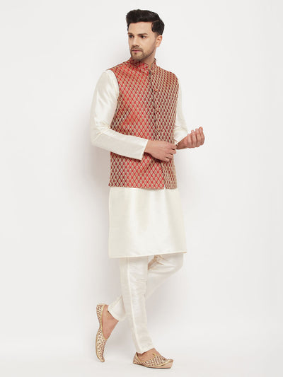 Men's Cream Silk Blend Straight Jacket  Kurta and Pyjama Set