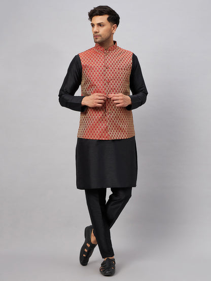 Men's Black Silk Blend Straight Jacket  Kurta and Pyjama Set