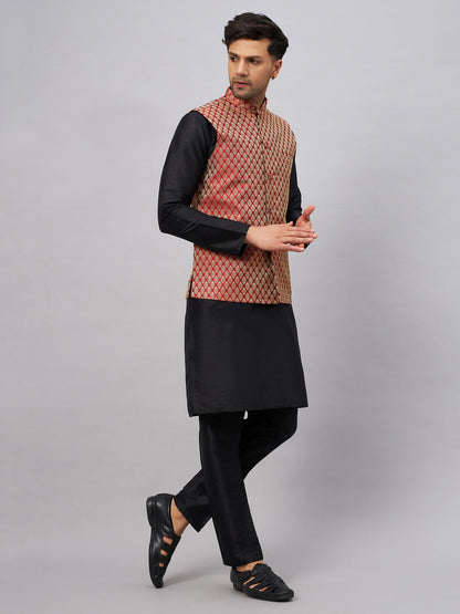 Men's Black Silk Blend Straight Jacket  Kurta and Pyjama Set