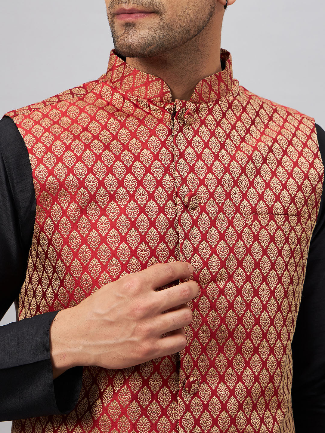 Men's Black Silk Blend Straight Jacket  Kurta and Pyjama Set