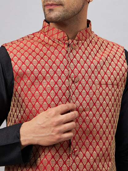 Men's Black Silk Blend Straight Jacket  Kurta and Pyjama Set