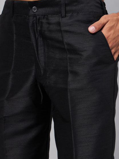 Men's Black Silk Blend Straight Jacket  Kurta and Pyjama Set