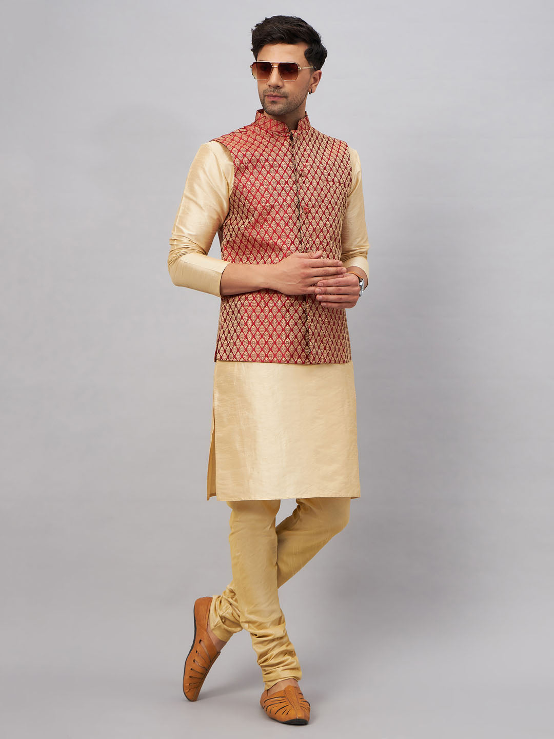 Men's Gold Silk Blend Straight Jacket  Kurta and Pyjama Set