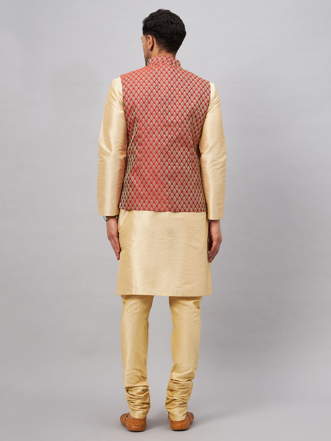 Men's Gold Silk Blend Straight Jacket  Kurta and Pyjama Set