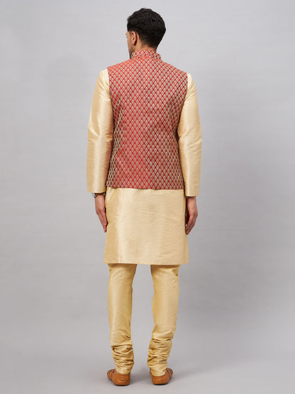 Men's Gold Silk Blend Straight Jacket  Kurta and Pyjama Set