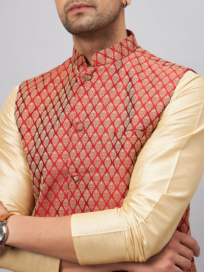 Men's Gold Silk Blend Straight Jacket  Kurta and Pyjama Set
