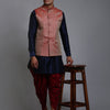Men's Navy Blue Silk Blend Straight Jacket  Kurta and Dhoti Set