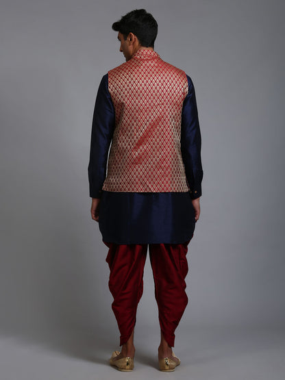Men's Navy Blue Silk Blend Straight Jacket  Kurta and Dhoti Set