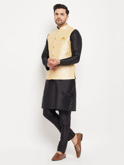 Men's Black Silk Blend Straight Jacket  Kurta and Pyjama Set