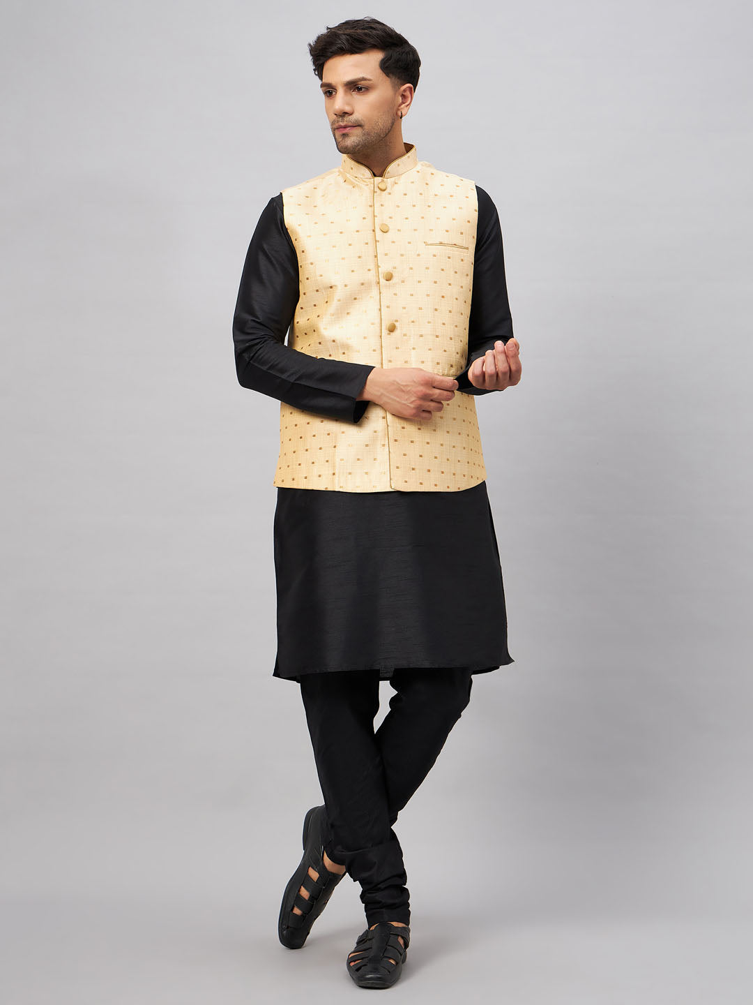Men's Black Silk Blend Straight Jacket  Kurta and Pyjama Set