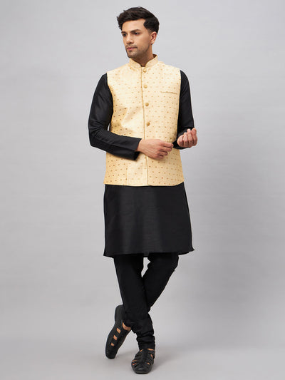 Men's Black Silk Blend Straight Jacket  Kurta and Pyjama Set