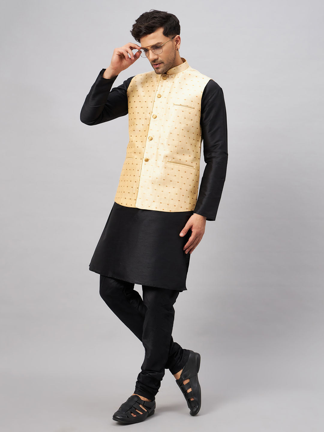 Men's Black Silk Blend Straight Jacket  Kurta and Pyjama Set