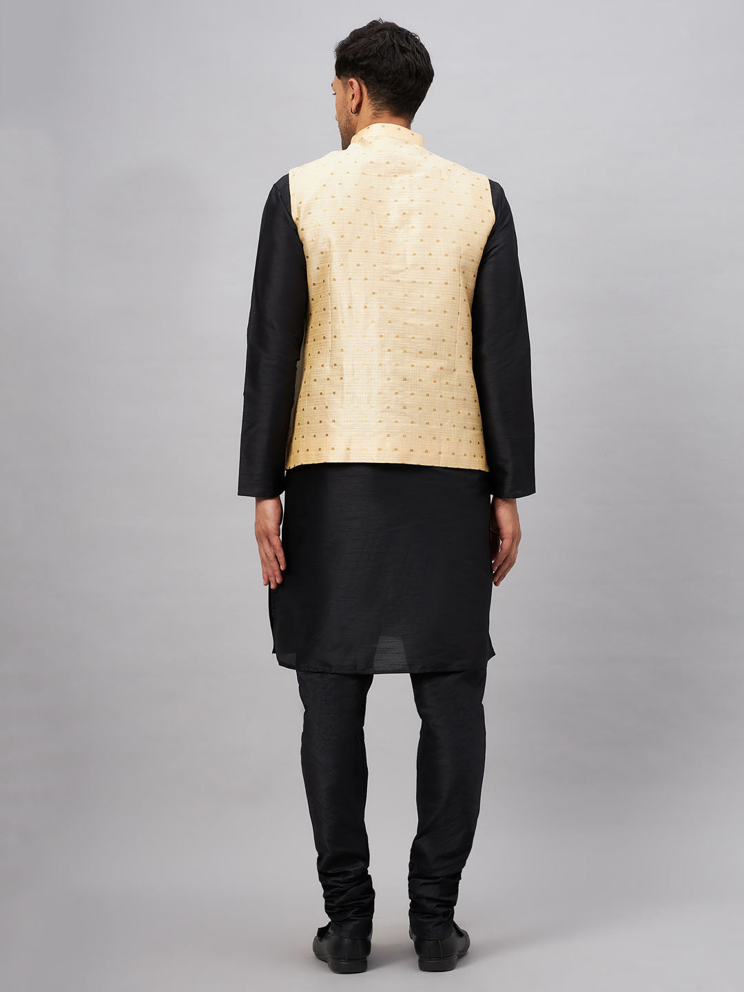 Men's Black Silk Blend Straight Jacket  Kurta and Pyjama Set