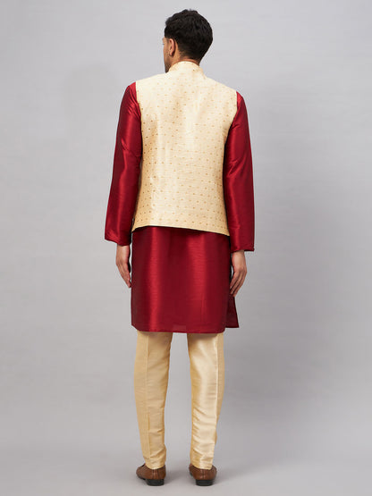 Men's Maroon Silk Blend Straight Jacket  Kurta and Pyjama Set
