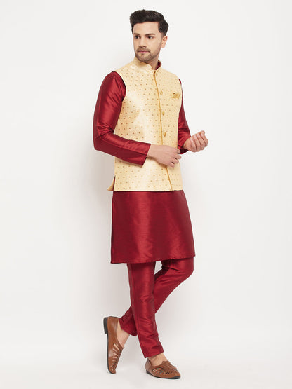 Men's Maroon Silk Blend Straight Jacket  Kurta and Pyjama Set
