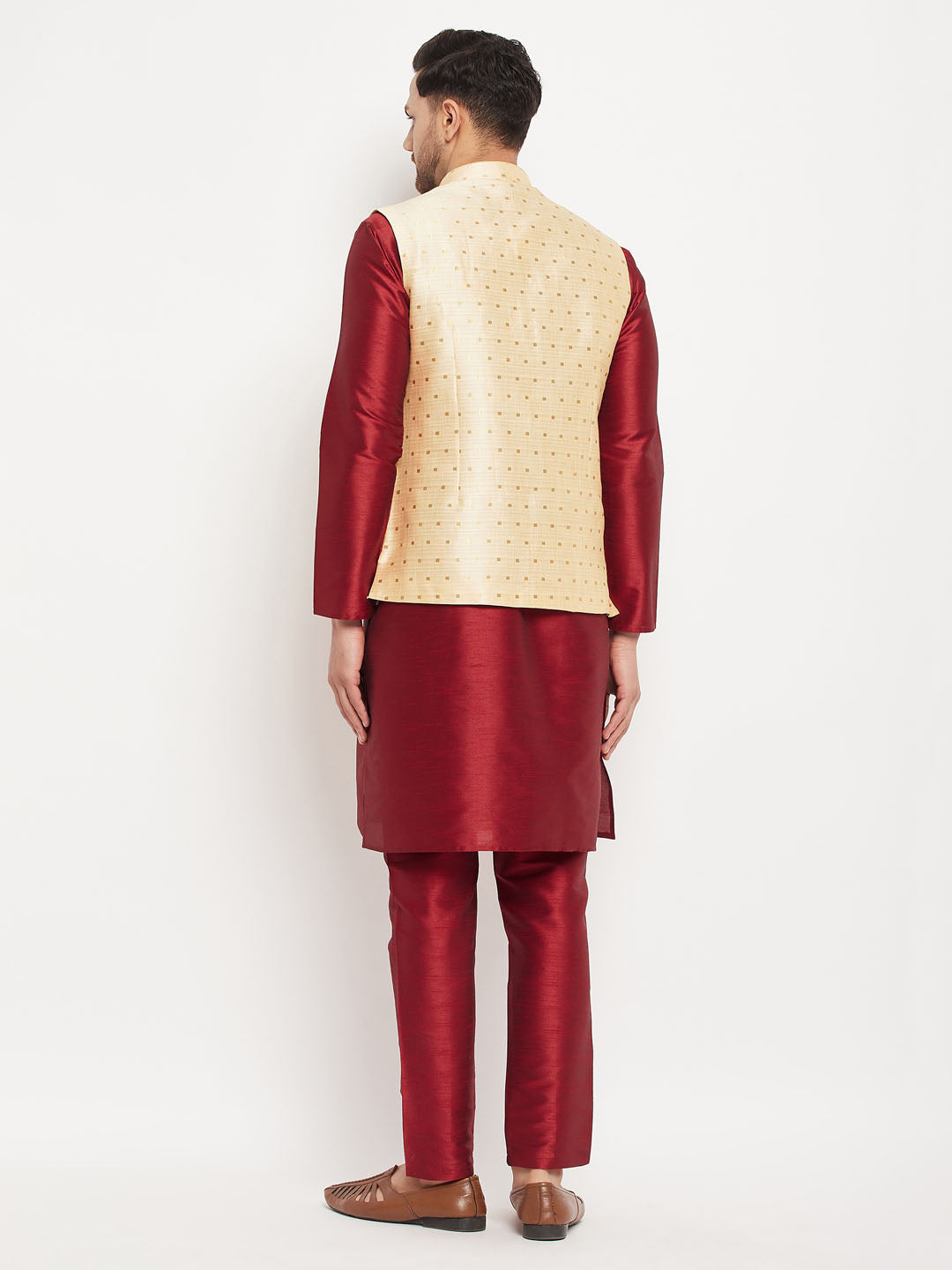 Men's Maroon Silk Blend Straight Jacket  Kurta and Pyjama Set