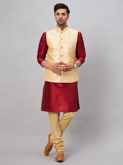 Men's Maroon Silk Blend Straight Jacket  Kurta and Pyjama Set
