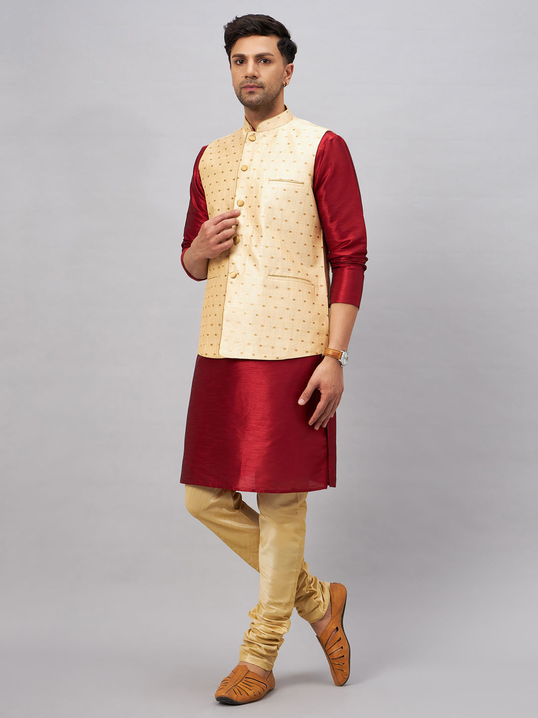 Men's Maroon Silk Blend Straight Jacket  Kurta and Pyjama Set