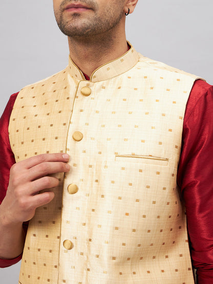 Men's Maroon Silk Blend Straight Jacket  Kurta and Pyjama Set